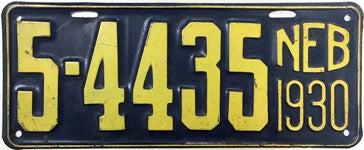 Nebraska Vintage Plate 1930 license plate design