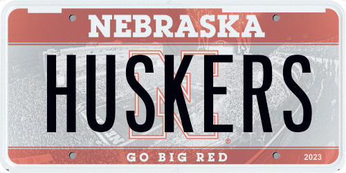 Example Nebraska message plate with HUSKERS lettering.